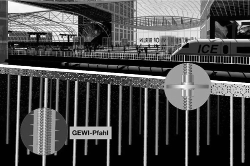 1997 Des pieux <i>GEWI</i>® stabilisent le plus grand travail public en sous-sol de Berlin contre la poussée verticale – gare de Lehrter en Allemagne